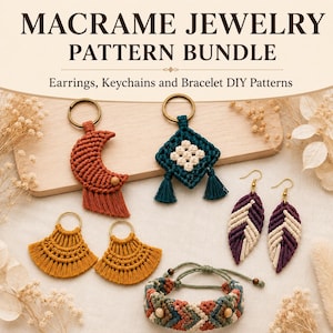 May include: Macrame jewellery pattern bundle featuring DIY patterns for earrings, keychains, and bracelets. The image displays a crescent moon keychain, a diamond-shaped keychain, fan-shaped earrings, leaf-shaped earrings, and a woven bracelet.