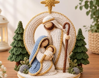 Patrón de belén a crochet en formato PDF, centro de mesa navideño de la Sagrada Familia (descarga digital)