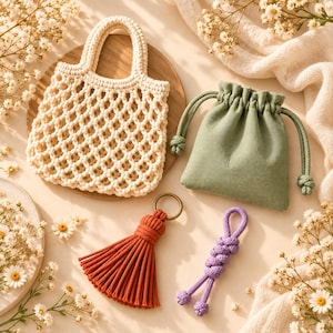 May include: A cream-colored macrame net bag with two handles, a sage green fabric drawstring pouch, a rust-colored macrame tassel keychain with a gold-tone metal ring, and a lavender-colored macrame knot keychain with a looped top.