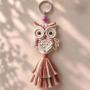 Handcrafted Macrame Owl Bag Charm, Boho Keychain, Knotted Tassel Accessory