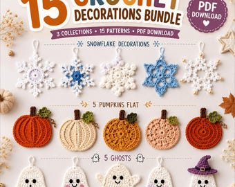 Paquete de patrones de adornos de ganchillo de temporada en PDF, aplique de fantasma de calabaza y copo de nieve, decoración de Halloween y Navidad.