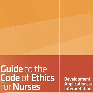 May include: A book cover with an orange and red gradient background. The title "Guide to the Code of Ethics for Nurses" is in white text. Below the title is the text "Development, Application, and Interpretation".