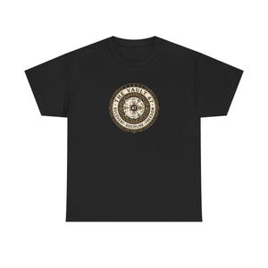 May include: Black t-shirt with a circular gold graphic. The graphic includes the text "THE VAULT 47" and the words "RECOVERY - DISCIPLINE - FREEDOM". The design is centrally placed on the chest of the shirt.