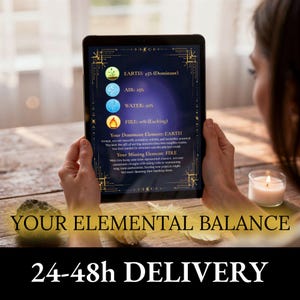 Puede incluir: Una tableta muestra un análisis de equilibrio elemental con porcentajes para Tierra, Aire, Agua y Fuego. El texto dice "Tu Equilibrio Elemental". La pantalla muestra un desglose de los elementos.