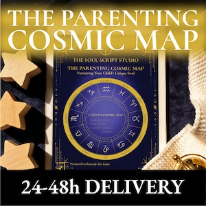 Op de afbeelding: Een digitale print getiteld "The Parenting Cosmic Map" met een donkerblauwe achtergrond en gouden tekst. De kaart bevat dierenriemtekens en tekst, waaronder "Client's Cosmic Map". Houten sterdecoraties zijn in de afbeelding te zien.
