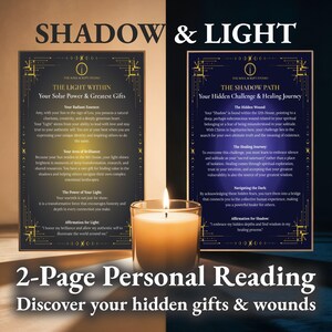 May include: A lit candle sits in front of two framed pages with text. The pages are titled "Shadow & Light" and "2-Page Personal Reading." The text describes "The Light Within" and "The Shadow Path" with affirmations. The background is a dark brown.