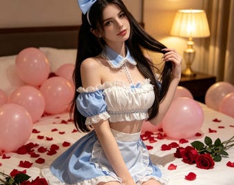 Spersonalizowane etykiety, niebieski komplet bielizny – kostium cosplay z kokardą, topem odsłaniającym ramiona i spódnicą na Halloween, imprezy w stylu buduaru