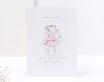 Carte personnalisée de souris de souhait d'anniversaire / Carte de baguette magique de souris / Carte d'anniversaire de fille