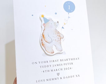 Personalised bear 1st birthday card / Teddy 1st Birthday card / Son birthday card / Daughter birthday card