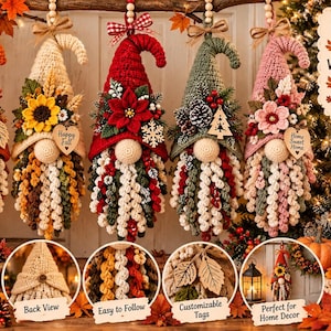 May include: Five crochet gnome wall hangings with pointed hats, each decorated with seasonal elements like sunflowers, pumpkins, poinsettias, pinecones, and flowers. The text reads CROCHET GNOME WALL HANGING PATTERN FALL & CHRISTMAS COLLECTION.
