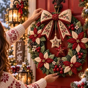 Könnte beinhalten: Ein Weihnachtskranz mit grünem Blattwerk, roten und cremefarbenen Stoff-Weihnachtssternen, Tannenzapfen und roten Beeren. Eine große, gesteppte Schleife mit Blumenstickerei sitzt oben, ergänzt durch zwei hängende Sternornamente aus Stoff.