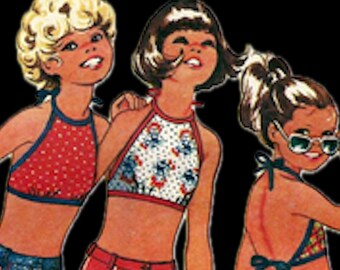 Simplicity 5707 Girls bell bottom hip hugger pants jeans or shorts and halter top Size 10 Vintage cut complete c1973