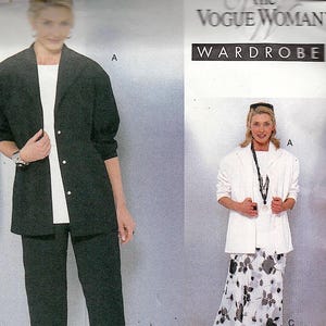 May include: Vogue Woman Wardrobe sewing pattern showing different outfits. The outfits include a black dress, a white top with trousers, a black suit, and a white jacket with a floral skirt. The pattern includes the number 2139.