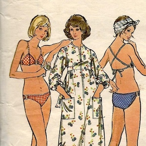Simplicity 3026 String bikini for stretch fabric and beach cover up zip front thigh floor length duster Size 10 c1973 cut complete pattern