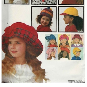 May include: Butterick pattern 6943 showing children's hat designs. The image displays a range of hat styles, such as berets, caps, and bonnets, in diverse colours and patterns. The pattern includes all sizes.