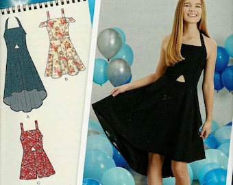 Simplicity S0422 Girls strappy dress or romper with/out off the shoulder hi lo skirt Size 8 10 12 14 16 half plus size uncut sewing pattern