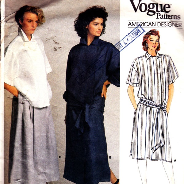 PATTERN Vogue 1521 Very loose fit shirtdress concealed front placket hip sash or shirt and skirt Size 10 Perry Ellis American Designer