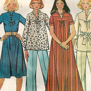 May include: A vintage McCall's 5012 sewing pattern showing illustrations of Misses' dress, top, and trousers. Designs include a blue dress, floral top with trousers, a striped maxi dress, and a white top with trousers.