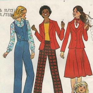May include: A vintage sewing pattern featuring four women wearing different outfits. The pattern is for a red plaid pantsuit, a red skirt suit, a blue jumpsuit, and a blue and white striped shirt with a vest. The pattern is from the company 'Haycock Fabrics' and is number 153.