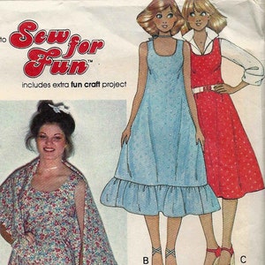 May include: Sew for Fun pattern for a sleeveless dress with a ruffled hem. The pattern includes instructions for a matching scarf. The pattern is illustrated with two women wearing the dress, one in blue and one in red.