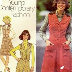 May include: A vintage sewing pattern for a dress with a waistcoat. The pattern is for sizes 8-16 and is from Simplicity pattern number 7044. The pattern is for a dress with a waistcoat and is called "Young Contemporary Fashion".