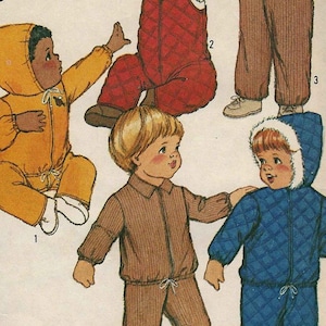 May include: A sewing pattern for toddler clothing, featuring four different designs. The pattern is from Simplicity and is number 5258. The designs include a yellow hooded jumpsuit, a red quilted jumpsuit, a brown corduroy jumpsuit, and a blue quilted jumpsuit.