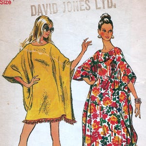 May include: A Simplicity 5628 Jiffy sewing pattern envelope featuring illustrations of two garments: a short yellow tunic with fringe trim and a long, floor-length kaftan with a vibrant red, orange, and green floral pattern on a white background.