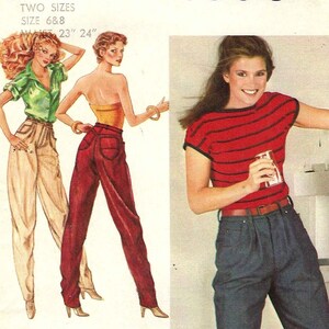 May include: A sewing pattern for high-waisted pants. The pattern includes two sizes, 6 and 8, with a waist measurement of 23 to 24 inches. The pattern is illustrated with three women wearing different styles of pants. The pattern number is 9358. The text "Tops not included" and "Patterns are not returnable" is also visible.