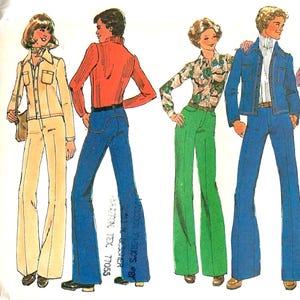May include: A vintage sewing pattern illustration showing four people wearing flared trousers. The pattern is for a pair of trousers with zigzag stitching. The text on the pattern reads "Cool Pants #89, Cotton Tex 77055."