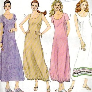 May include: A sewing pattern for a dress with the title "2 Hour Dress* La Robe en 2 Heures*" from McCall's. The pattern includes four different styles of dresses: a purple dress, a yellow dress, a pink dress, and a white dress with a green and brown trim.
