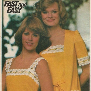 May include: Two women wearing matching yellow outfits with white lace trim. The outfits include a top and a jacket. The text "FAST and EASY" is in the upper left corner.