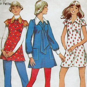 May include: A sewing pattern for three different dresses. The pattern is for a junior petite size 9, with a bust of 33 inches and a waist of 25 inches. The dresses are shown in blue, red, and white with a strawberry print. The pattern is from Simplicity and the number is 5088.