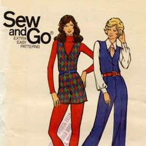 May include: Vintage Butterick sewing pattern featuring two illustrated figures in 1970s attire. One figure wears a red turtleneck, patterned romper, and red tights. The other figure is in a blue pantsuit with a vest and a patterned tie.