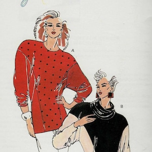 May include: A vintage sewing pattern with two illustrated fashion designs. One is a red top with black polka dots, the other a black and white colour-blocked top. The pattern is labelled "KWIK SEW" and "Serge".