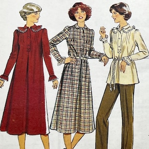 May include: Vintage sewing pattern for three different dresses. The pattern is for a long-sleeved dress with a collar and a button-up front, a plaid dress with a belt, and a blouse with a collar and a tie belt. The pattern is from Style magazine and is number 2519.