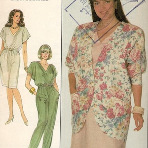 May include: A sewing pattern for a jacket and skirt. The jacket is floral print with a pink skirt. The pattern is for size 22W and is from Simplicity.