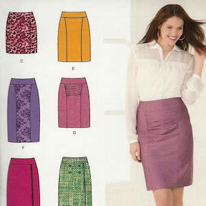 May include: A woman in a purple pencil skirt with a ruched detail. The image also shows six skirt designs: leopard print, orange, purple lace, pink, fuchsia, and green tweed. The skirts are all knee-length.
