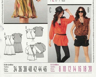 Burda 7377 Mock wrap crossover bodice top with/out peplum or dress frill cap or long sleeves Size 8-10-12-14-16-18-20 uncut sewing pattern