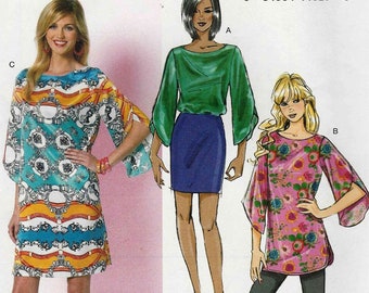 Butterick 5815 Pullover loose top tunic short dress wide neckline 3/4 length tulip overlap sleeves Size 8 10 12 14 16 uncut sewing pattern