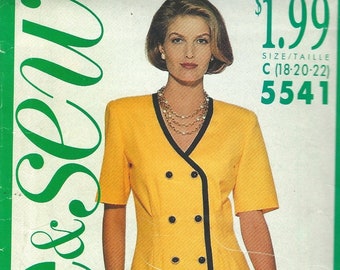 See & Sew 5541 Double breasted dress coatdress short sleeves button front dress contrast binding Size 18-20-22 uncut sewing pattern