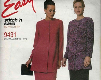 Stitch'n save 9431 Button thru unlined jacket or top long sleeves with elastic waist straight skirt Size 8-10-12-14 uncut sewing pattern