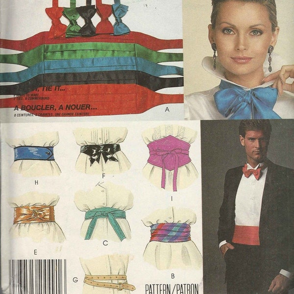 McCalls 2449 Waist ties belts bow tie cummerbund bias variations Waist 23-39" Neck Size 12 1/2-16 1/2" c1986 uncut sewing pattern