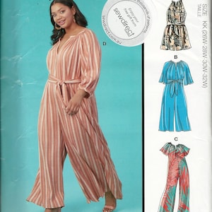 May include: McCall's sewing pattern M8288 for a jumpsuit in size KK (26W-32W). The envelope features a model wearing a striped, long-sleeved jumpsuit with a tie waist. Illustrations show three additional variations: a halter, a short-sleeved, and a printed version.