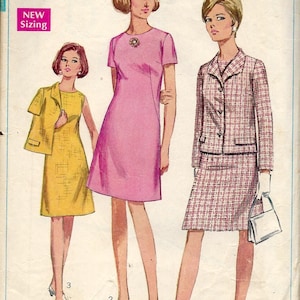 May include: Vintage Simplicity sewing pattern with three women's fashion designs. The designs include a pink dress, a yellow dress with a jacket, and a plaid skirt suit. The pattern is size 16, bust 96.5 cm. The price is 75p.