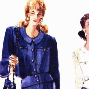 May include: Vogue Patterns sewing pattern 7277 featuring three women's fashion designs. The designs include a blue suit, a white jacket and skirt, and a pink dress. The pattern is rated as average difficulty.