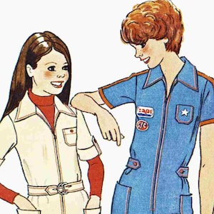 May include: A sewing pattern for three different jumpsuit styles for girls. The pattern is for size 10, with a 73 cm bust. The jumpsuits are shown in white, blue, and red.