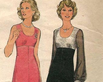 Style 4980 Flared lined dress scoop neck empire waist sleeveless or sheer sleeves cut to Size 14 complete 1970s