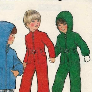 May include: A sewing pattern for children's clothing. The pattern includes three different styles: a blue jacket with plaid pants, a red jumpsuit, and a green jumpsuit. The pattern is for size 5, with a chest measurement of 24 inches.