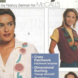 May include: A sewing pattern cover featuring a woman in a cream-colored suit with floral embroidery. The text reads "sewing with nancy" and "Patterns by Nancy Zieman for McCall's". Additional images show vest designs and pattern details.