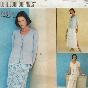 May include: McCall's sewing pattern featuring a Woman's Day Collection design. The pattern includes options for separates, with a light blue cardigan, a white skirt, and a floral skirt. Size B (8,10,12).